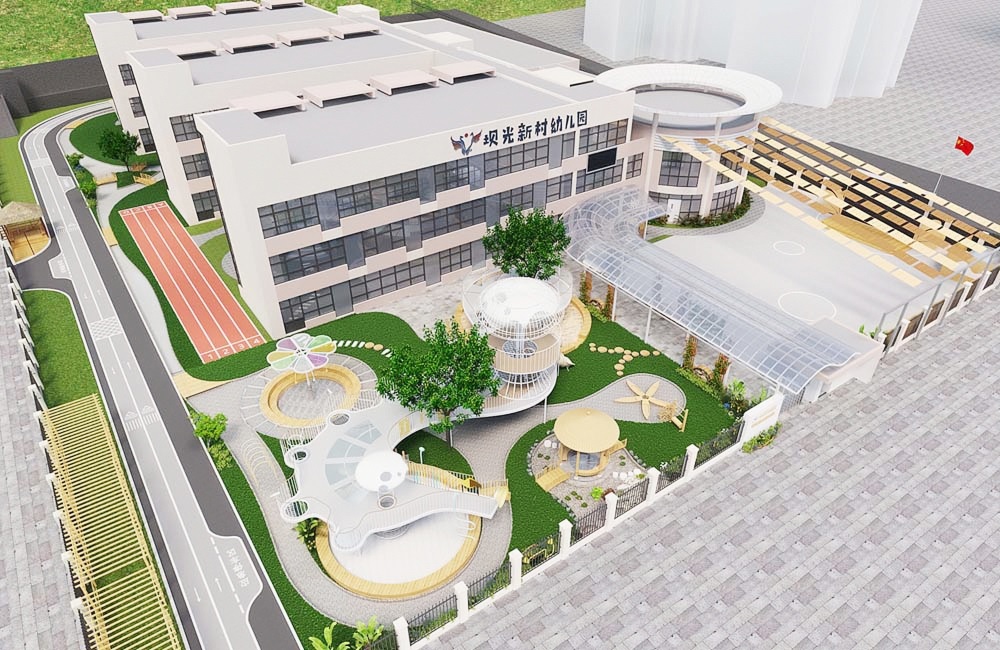 深圳市大鵬新區(qū)壩光新村幼兒園設(shè)計(jì)為“海馬”型外觀(guān)，這次戶(hù)外裝修深受老師與孩子們喜愛(ài)。